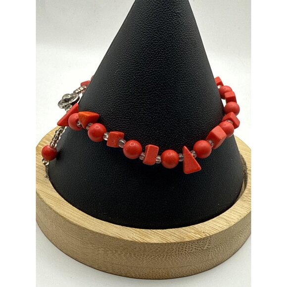 Red Coral Beaded Stretch Bracelet With Magnetic Clasp & Clear Accent Beads - Picture 4 of 6
